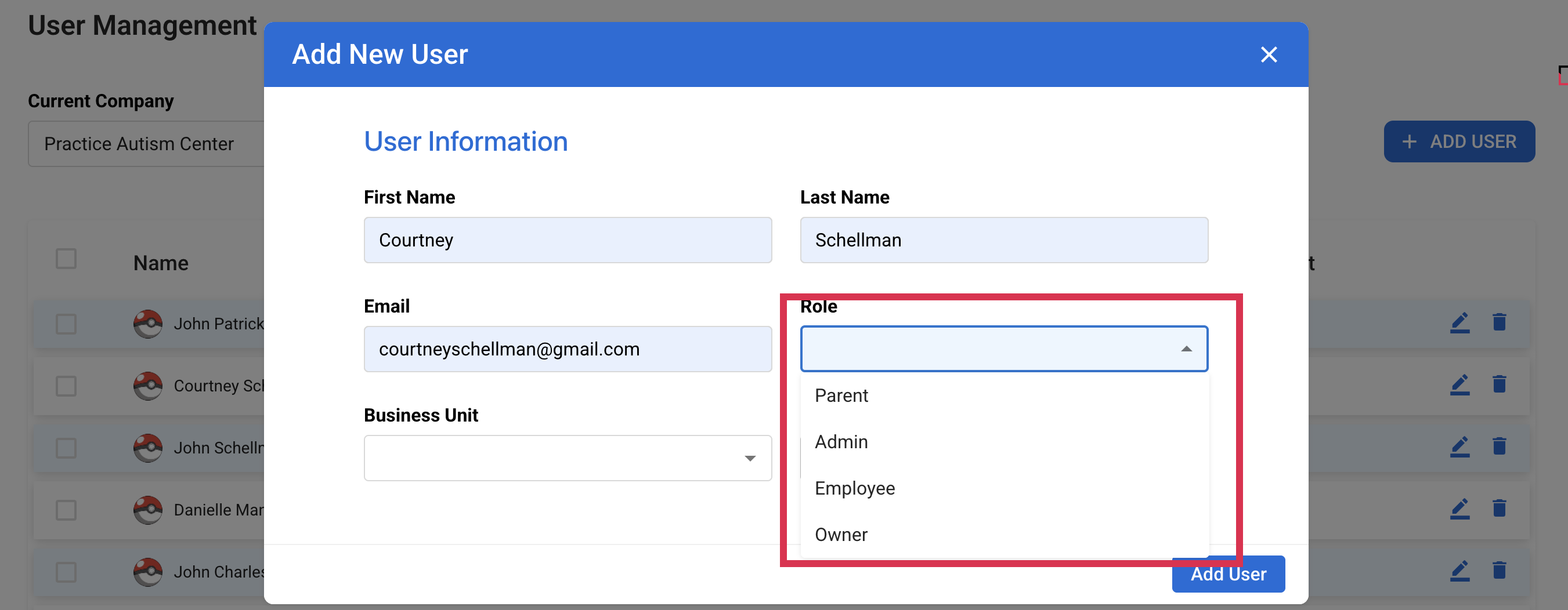 Step 3: Insert full name of the admin user, email, and select Admin.